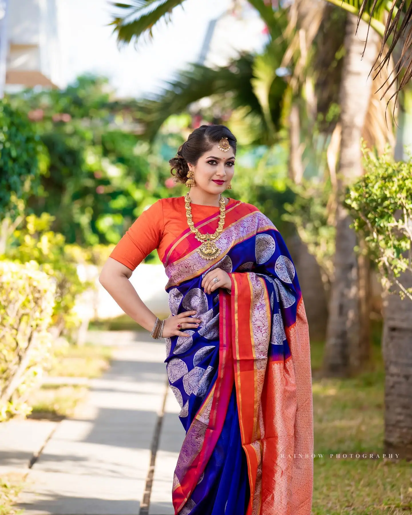 Meghana Raj Wearing Beautiful Earring Jewellery Blue Saree Orange Blouse